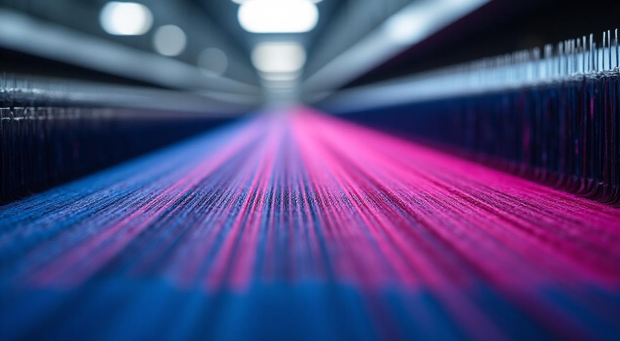Close-up of a high-tech textile weaving machine in a modern factory setting