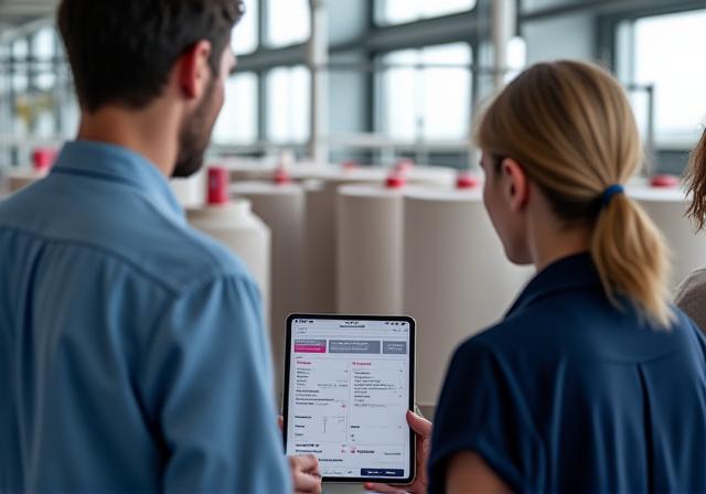 Consultant reviewing textile manufacturing workflow on a tablet